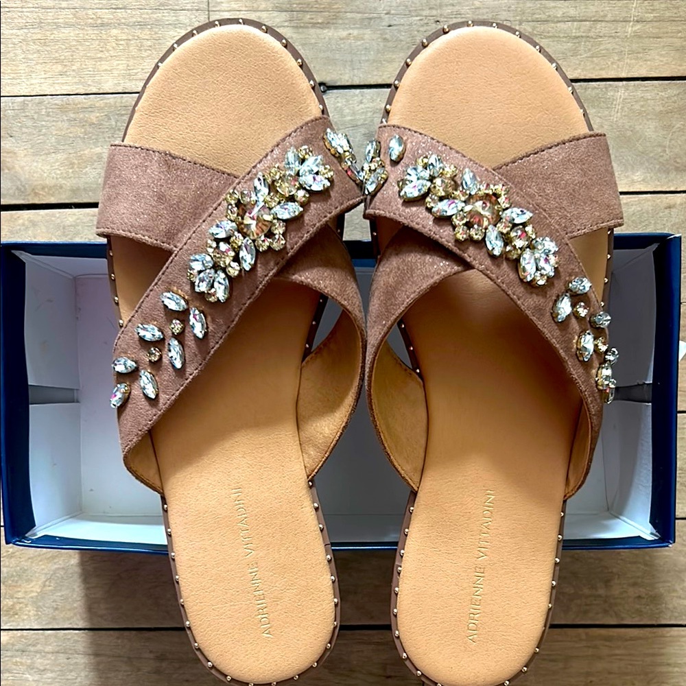 Adrienne Vittadini Taupe Jeweled Slip-On Sandals